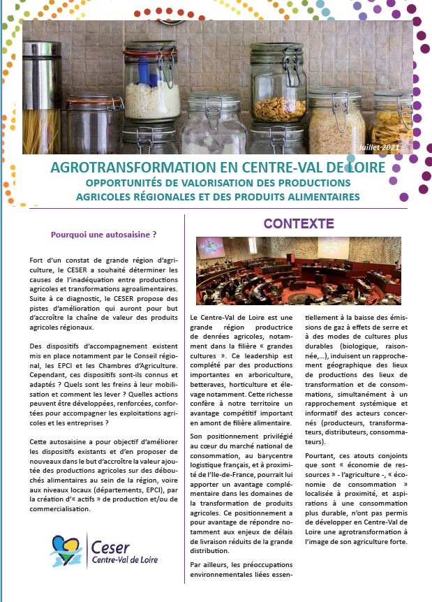 Agrotransformation en Centre-Val de Loire – Opportunités de valorisation des productions agricoles régionales et des produits alimentaires