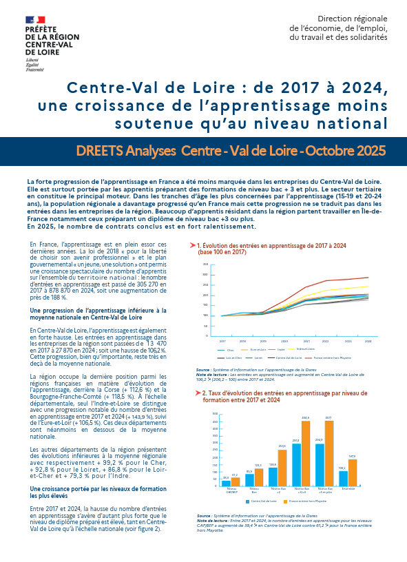 Centre-Val de Loire : de 2017 à 2024, une croissance de l’apprentissage moins soutenue qu’au niveau national 