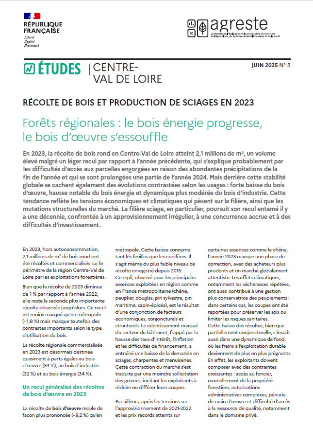 Récoltes de bois et production de sciages 2023